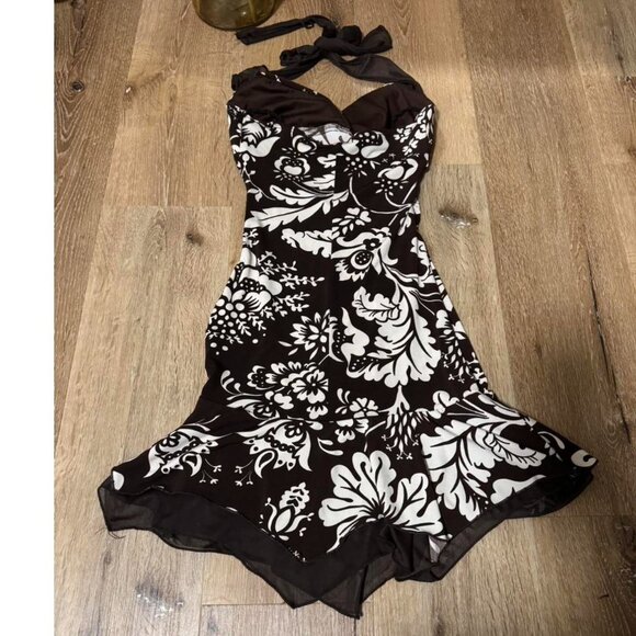 Y2K Vintage Hawaiian floral Mocha Mousse chocolate brown ruffle hem sz‎ S - Picture 4 of 4